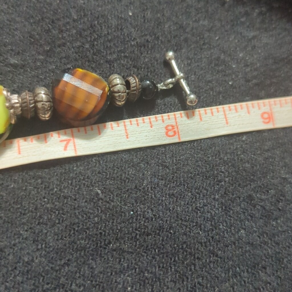 Silver Tone Black Green Orange Brown Swirl Glass Bead Statement Bracelet