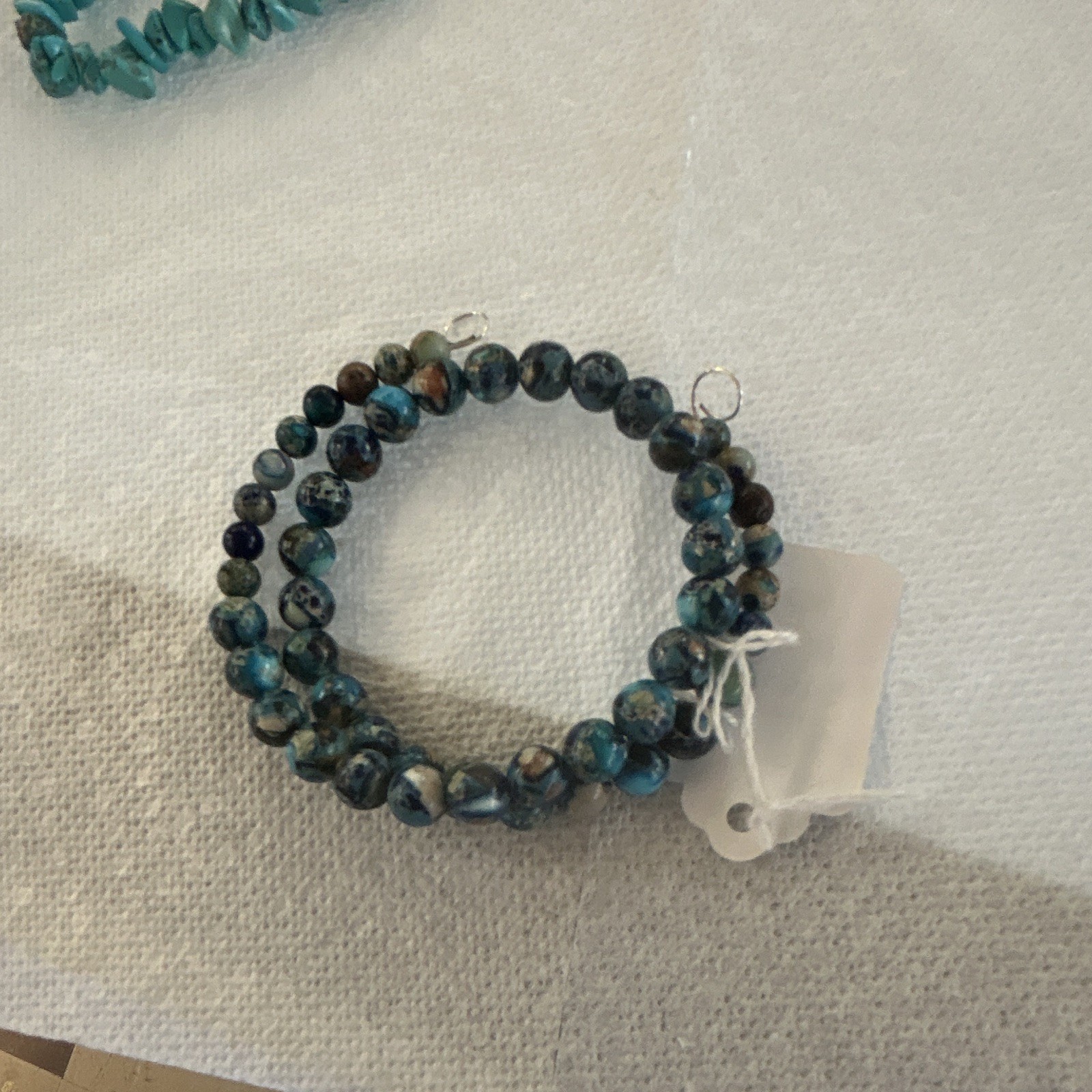 Blue & Black Round Stone Beaded Stretch Bracelet, Cord Chain, No Clasp