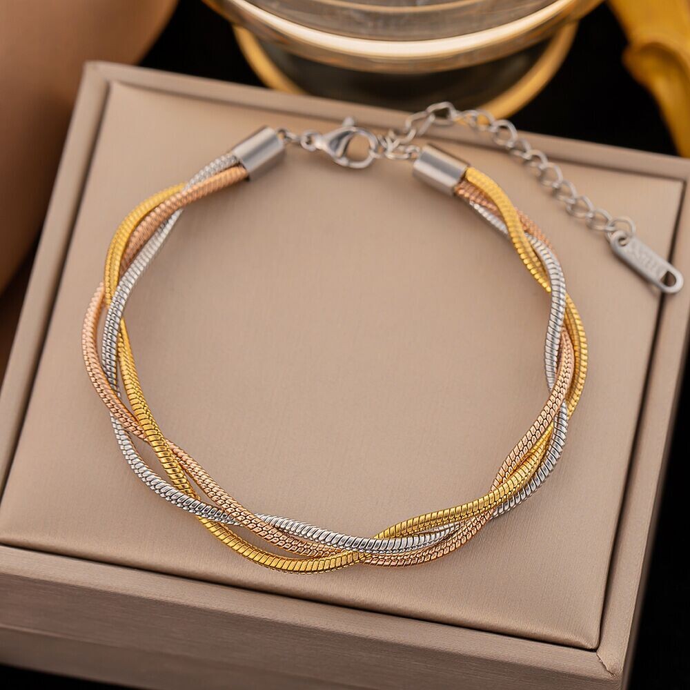 Woman 18K Gold Plated Stainless Steel Triple Layers Snake Chain Bracelet Bangle