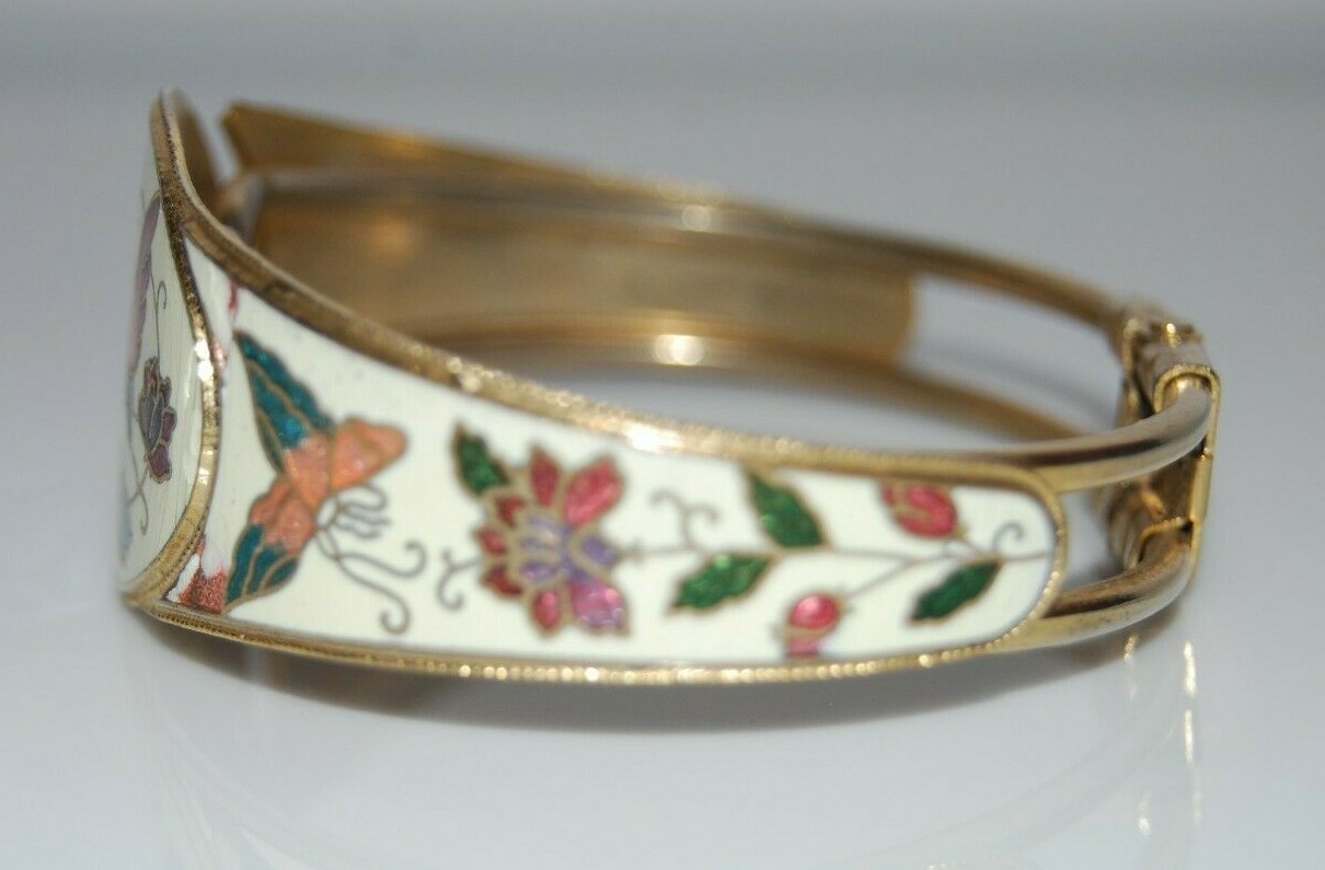 Vintage Enamel Cloisonne Or Champleve On Golden Metal Statement Hinged Bracelet