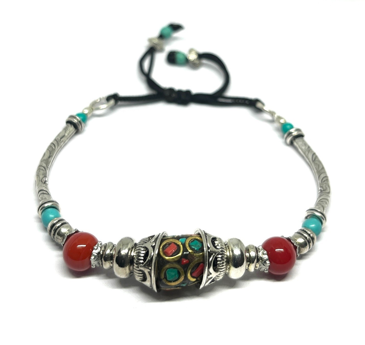 Handcrafted Tibetan Turquoise Coral Gemstone Bracelet Jewelry, 7.0 Inch Adjs
