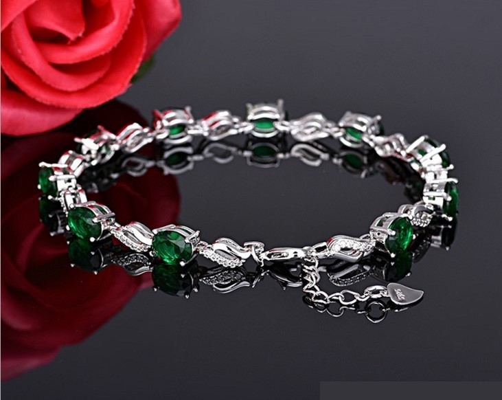 Women Girl 18K White Gold Plated Green Cubic Zirconia CZ Chain Bracelet 8″ G16