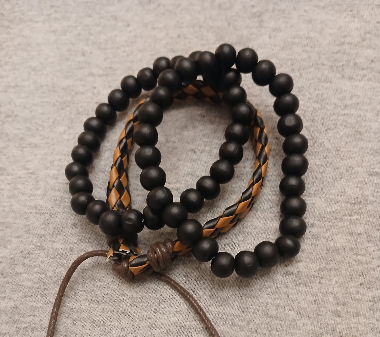 Wood Bead And Faux Leather Bracelet Set No002