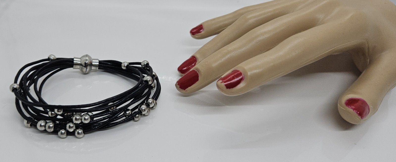 Black Multi-Cord Bracelet Silver Tone Metal Bead Design 6.5″