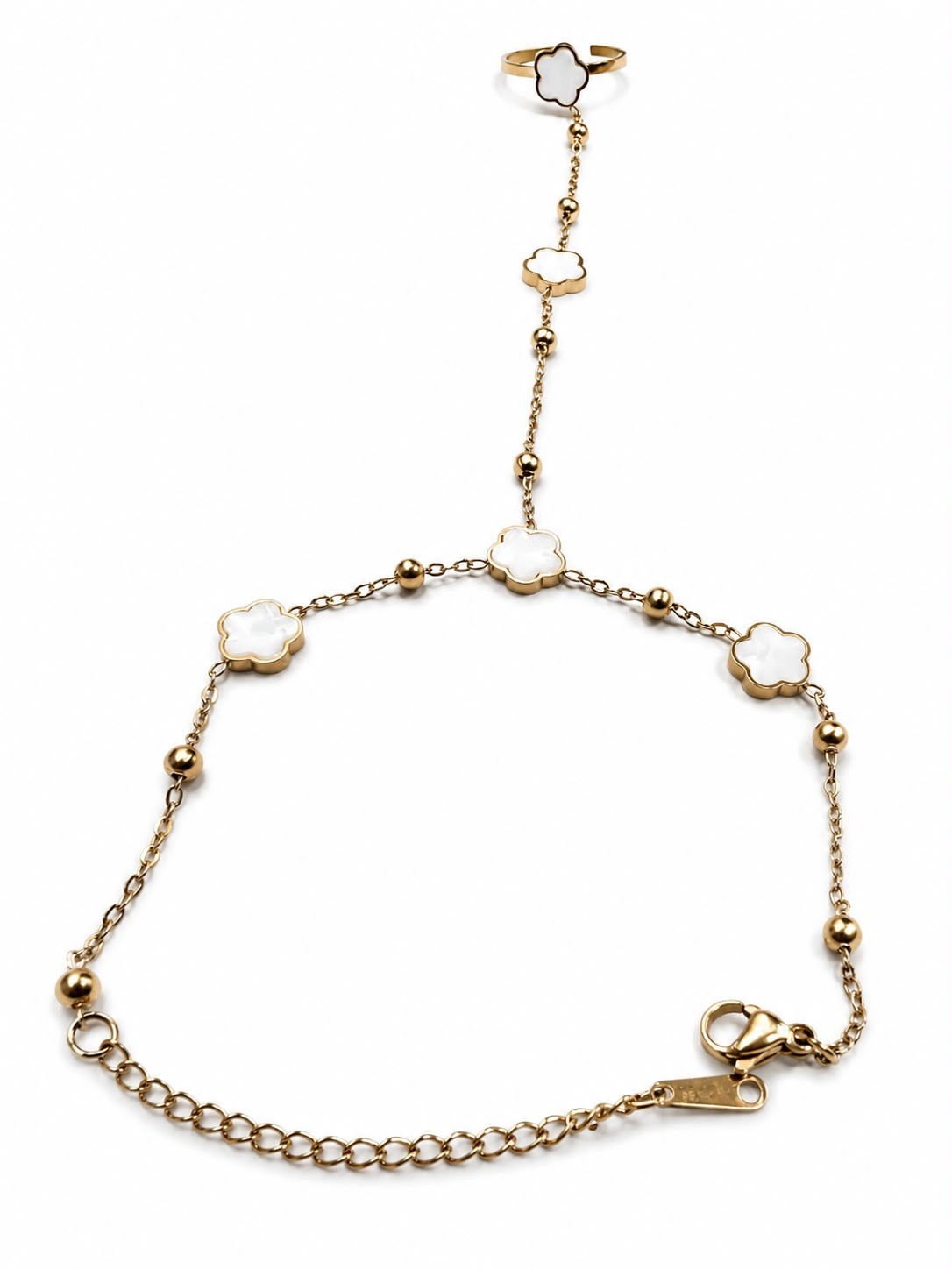 Gold Tone Hand Chain Bracelet Adjustable Ring White Clover Mother of Pearl Style
