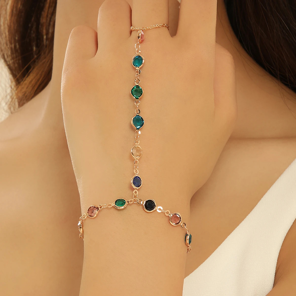 Crystal Finger Chain Bracelet Blue Color Boho Wrist Ring Style Women Jewelry