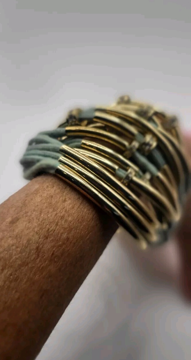 ST THOMAS Teal Leather Multistrand Bracelet Gold Bars Adjustable Toggle Clasp