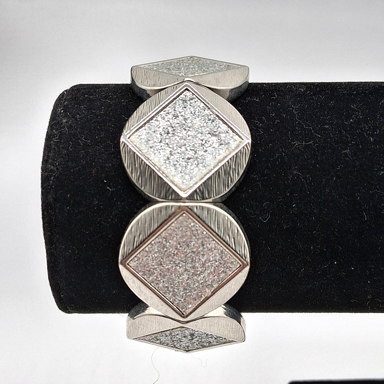 Silvertone Stretch Bracelet Geometric Panels Glitter Embellishments Textured