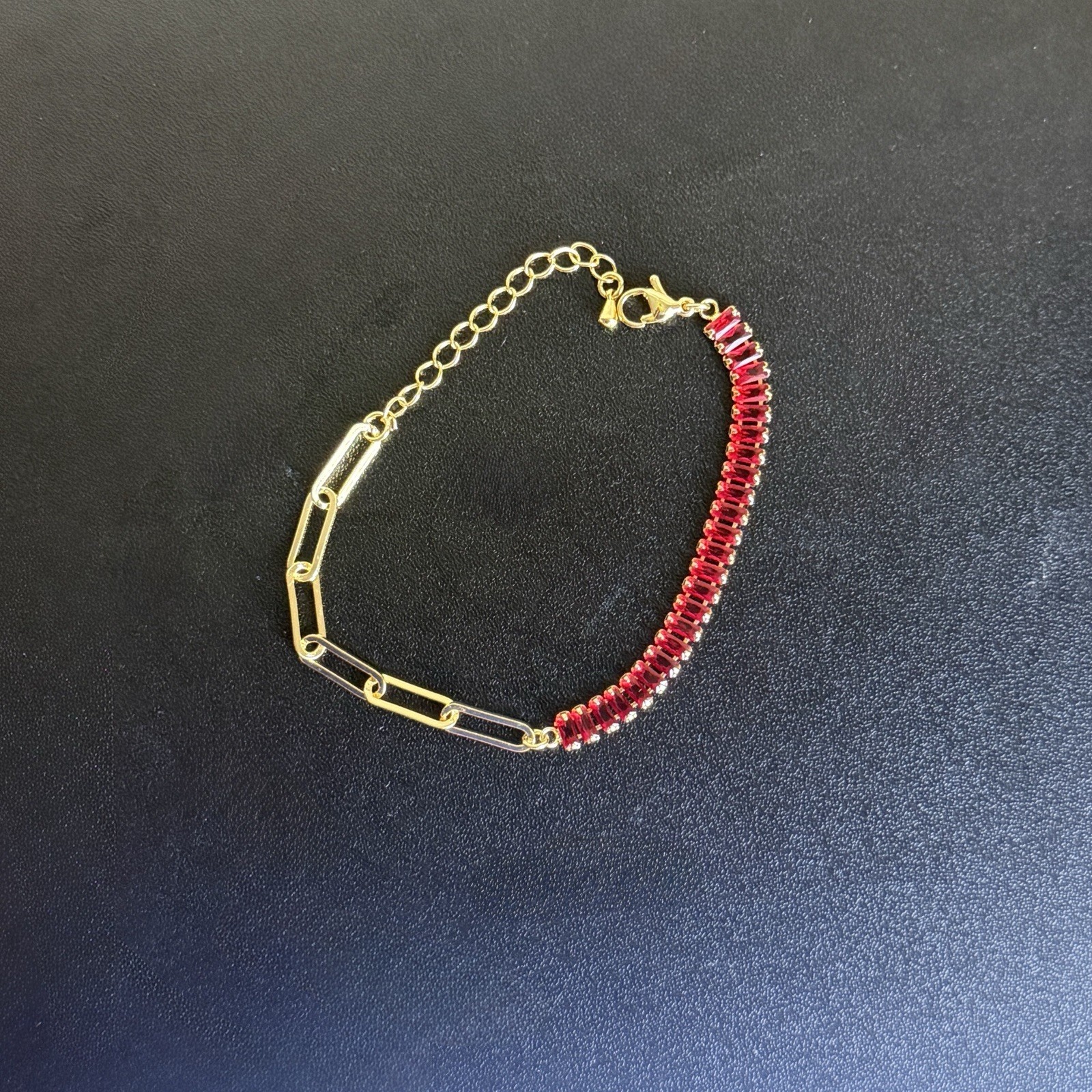 18K Gold Filled Half Paperclip Red Baguette Tennis Bracelet 7.5 -9” Extension