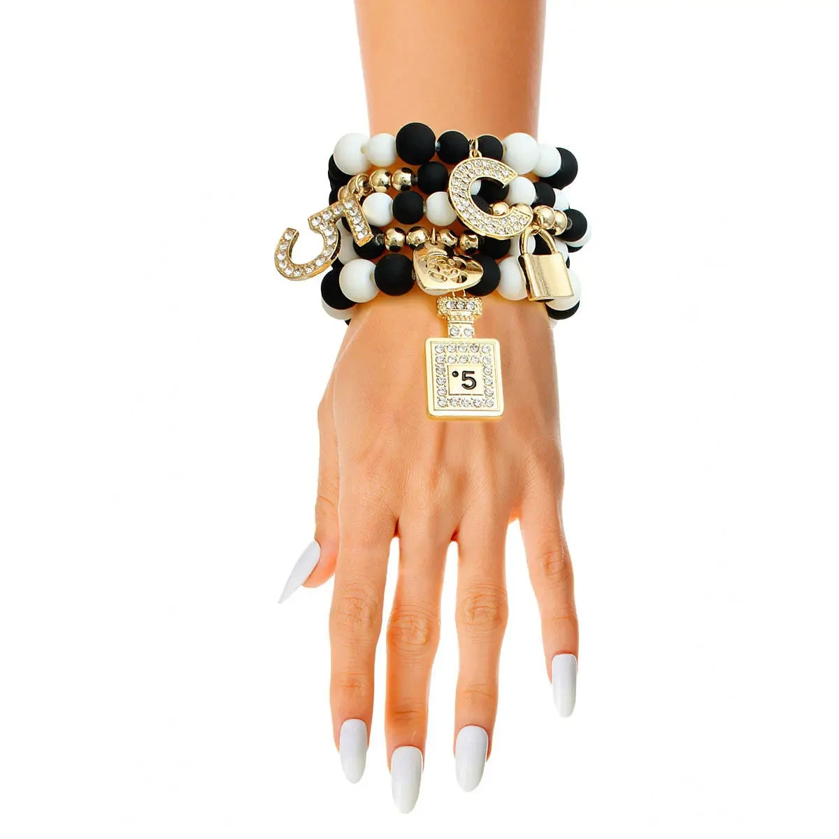 Women’s Stretch Bracelet Stack Black White Gold Designer Inspired Charm Bracelet