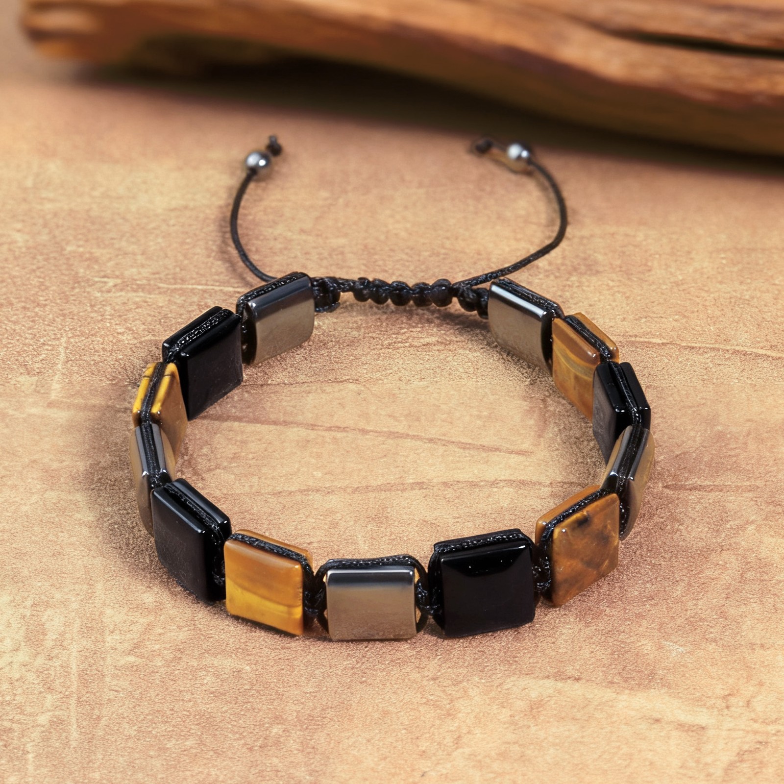 Triple Protection Men Bracelet Tiger’s Eye Hematite Obsidian Square Bead Jewelry
