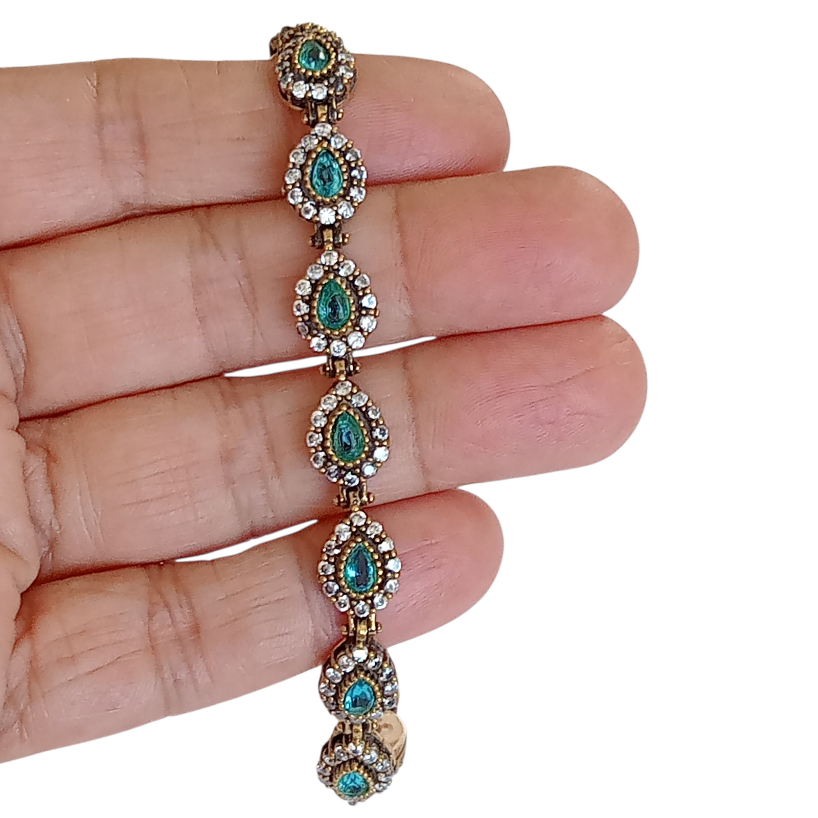 925 Sterling Silver Turkish Handmade Aquamarine Teardrop Hurrem Sultan Bracelet