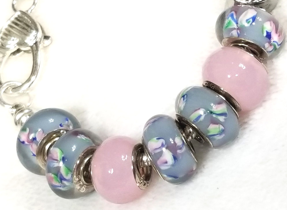 7.9″ Heart Bow Slider Charm Flower Murano Lampwork Glass Beads Spacers Bracelet