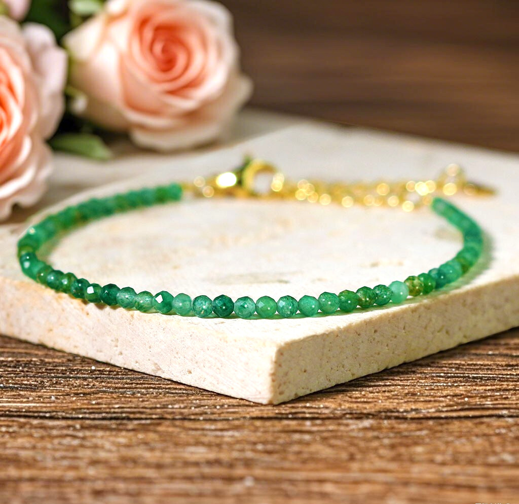 Emerald Crystal Gemstone Dainty Bracelet Minimalist Healing 2.5mm Faceted Beads