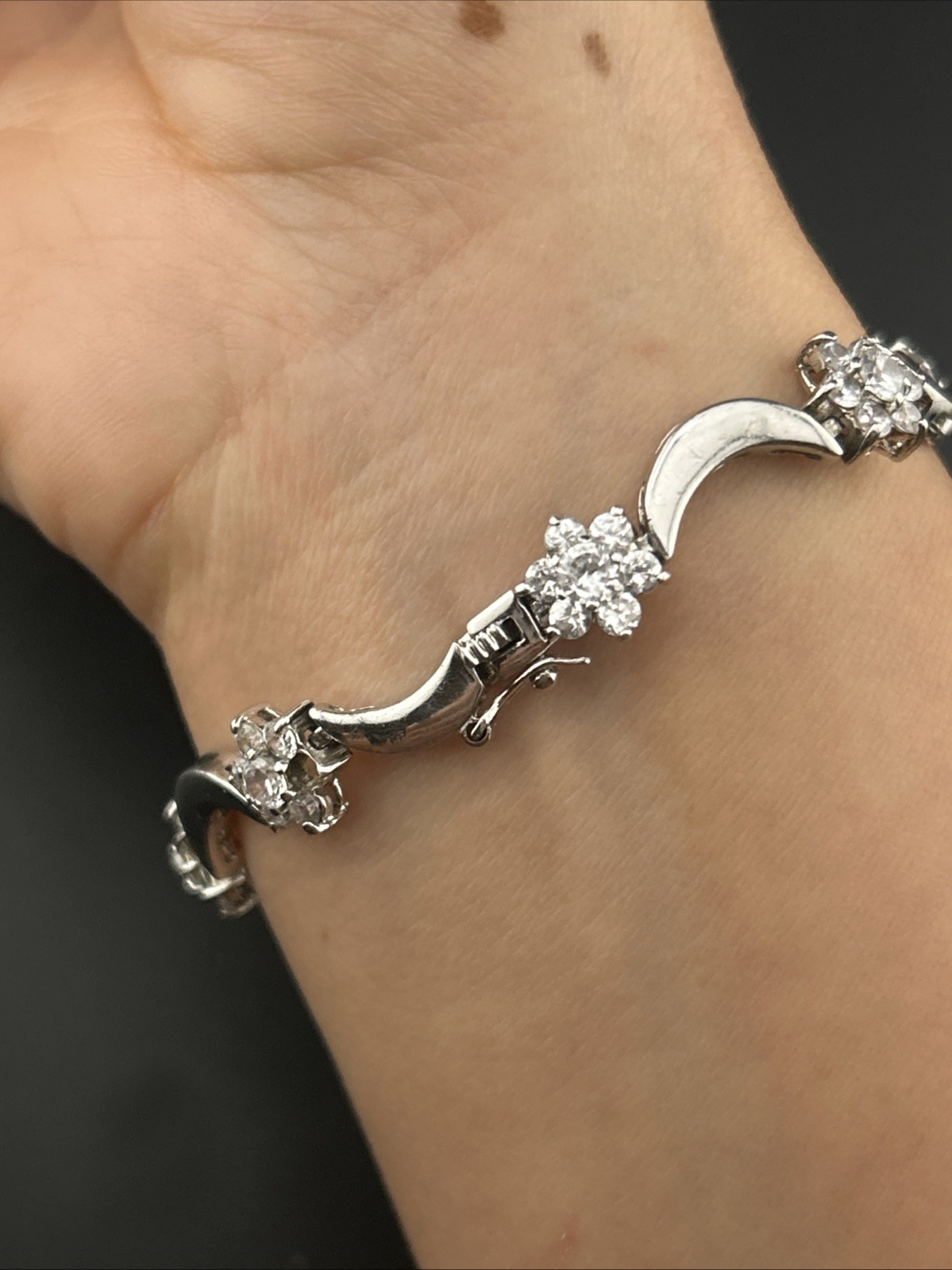 Sterling Silver 925 NLM Crescent Moon Luna CZ Cluster Star Bracelet