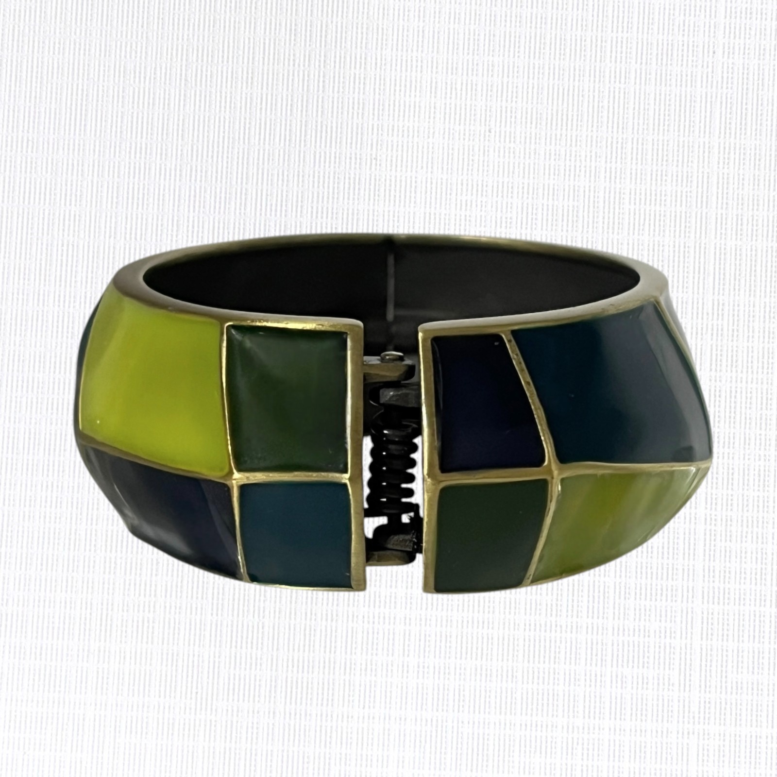 Vintage Geometric Enamel Bangle Bracelet Hinged Blue Green Clamper Artsy 1″ Wide