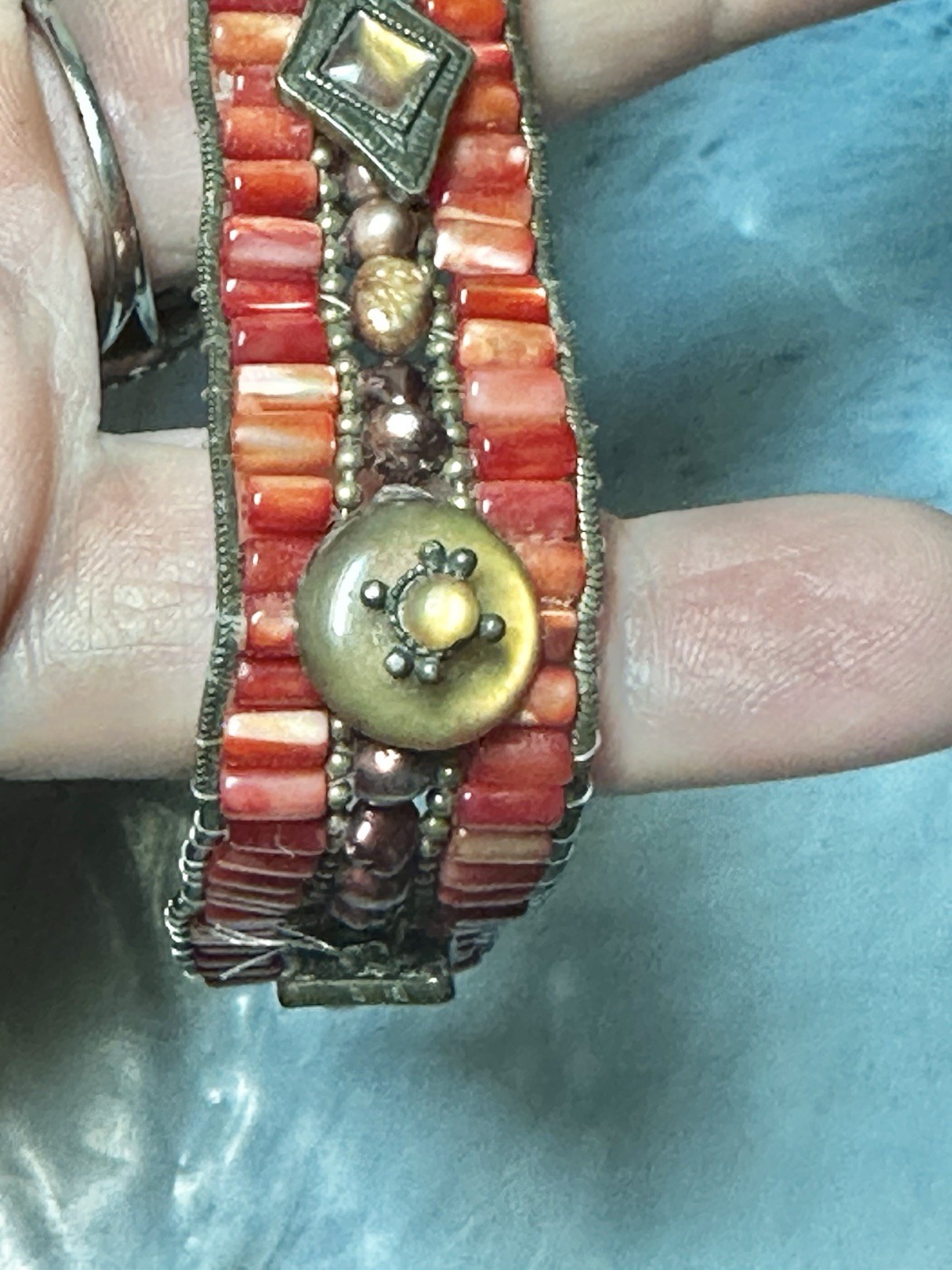 Unique Boho Orange Glass beaded Bracelet signed ac-Antique Metal Tone 7.25″