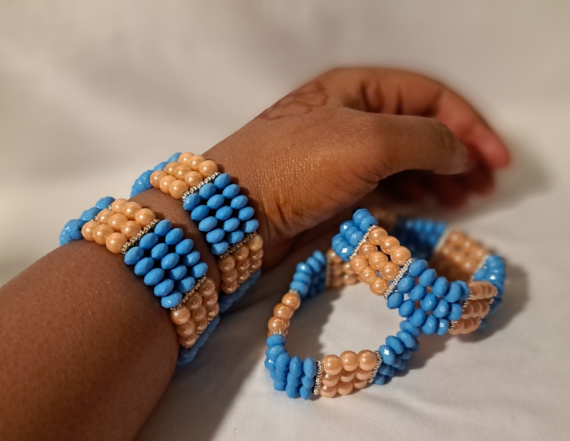 African Stretchy Blue and Beige Beaded Bracelets Set of 2, Handmade And Homemade