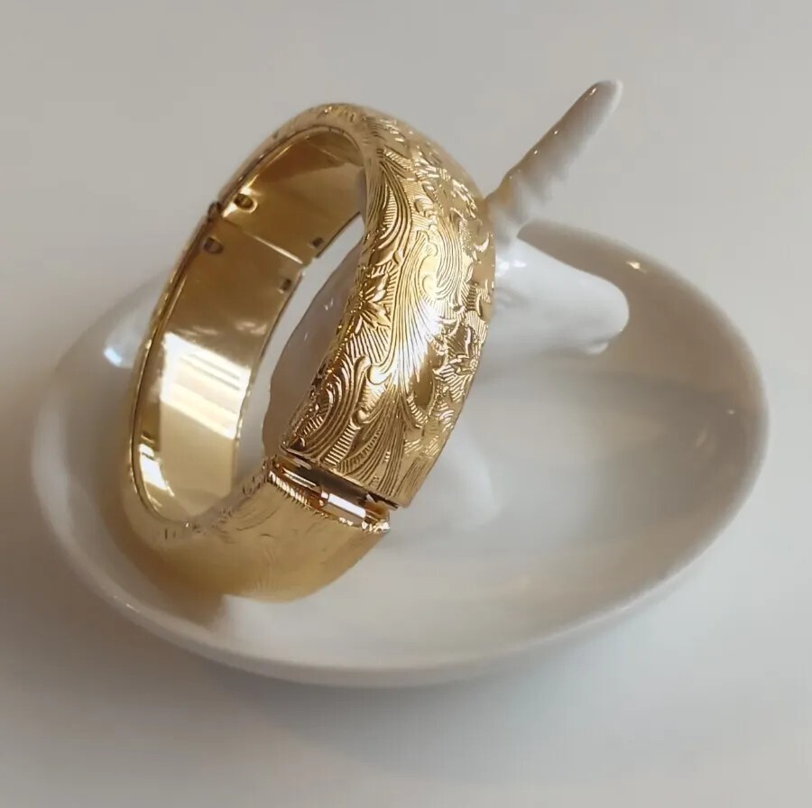 French Vintage Gold Tone Engraved Bracelet Jong Flower with Safety Push Lock.