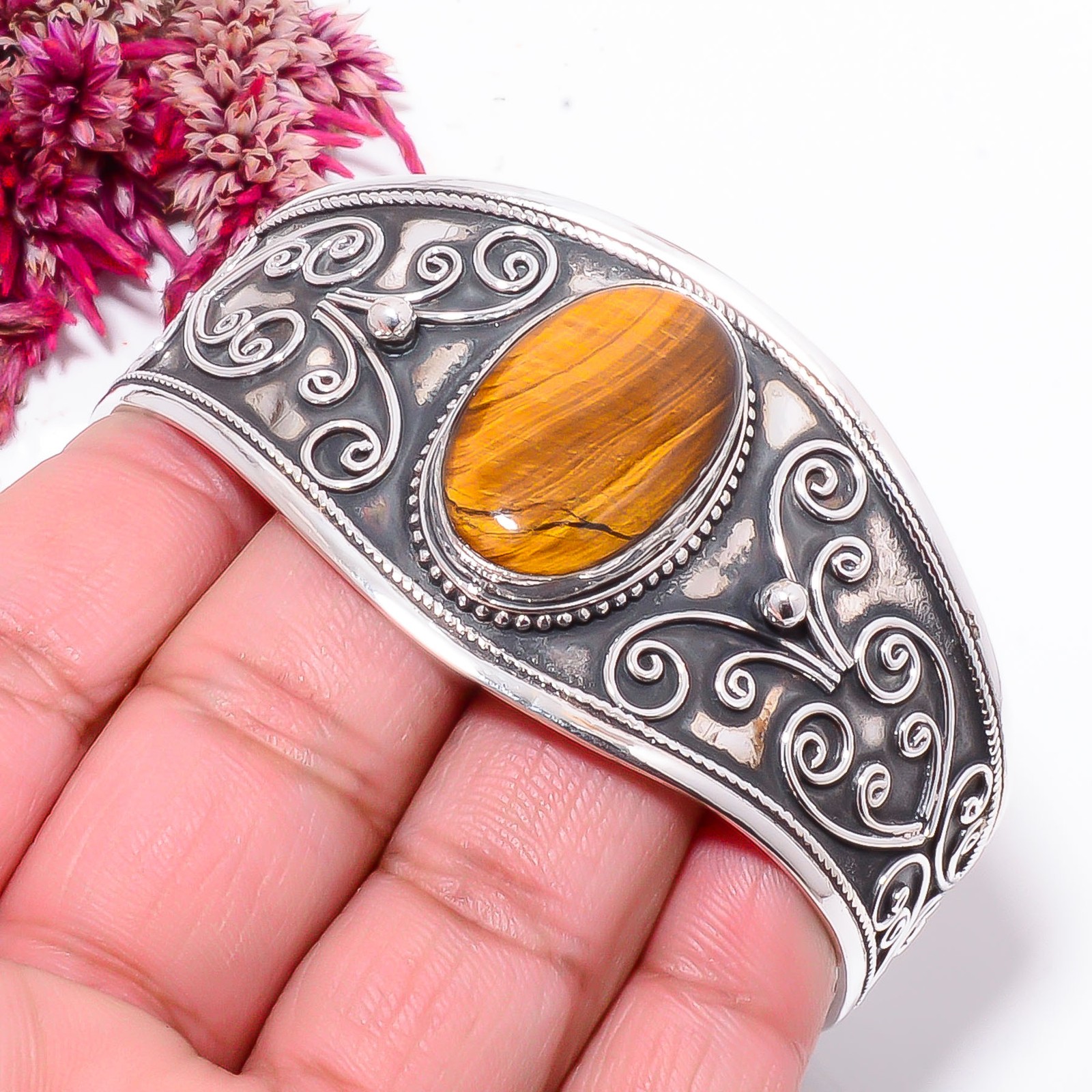 Yellow Tiger Eye – South Africa 925 Sterling Silver Bali Cuff|C968558732