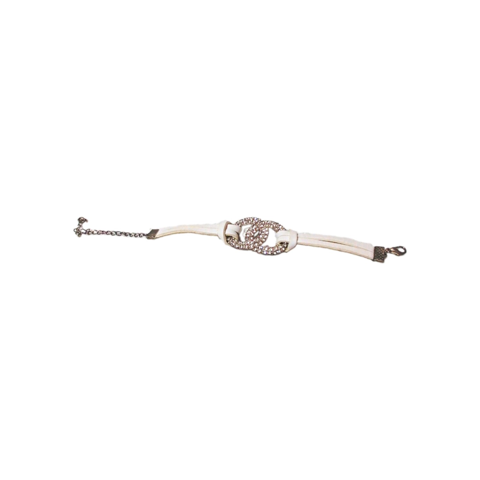 White Faux Leather Silver Cable Chain Bracelet Pave Clear Crystal Buckle