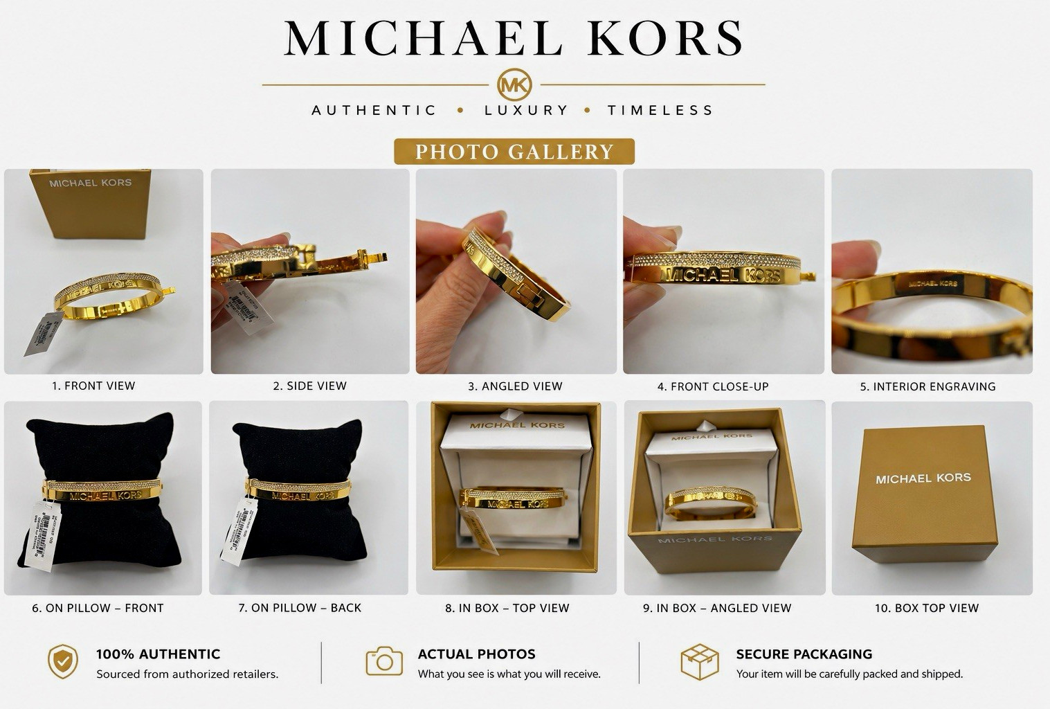 Michael Kors Gold Tone Crystal Pavé Logo Hinged Bangle Bracelet NWT Gift Box