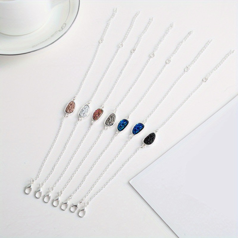 6Pcs Multicolor Bracelets Silver Chain Adjustable Oval Stone Charm Bracelet
