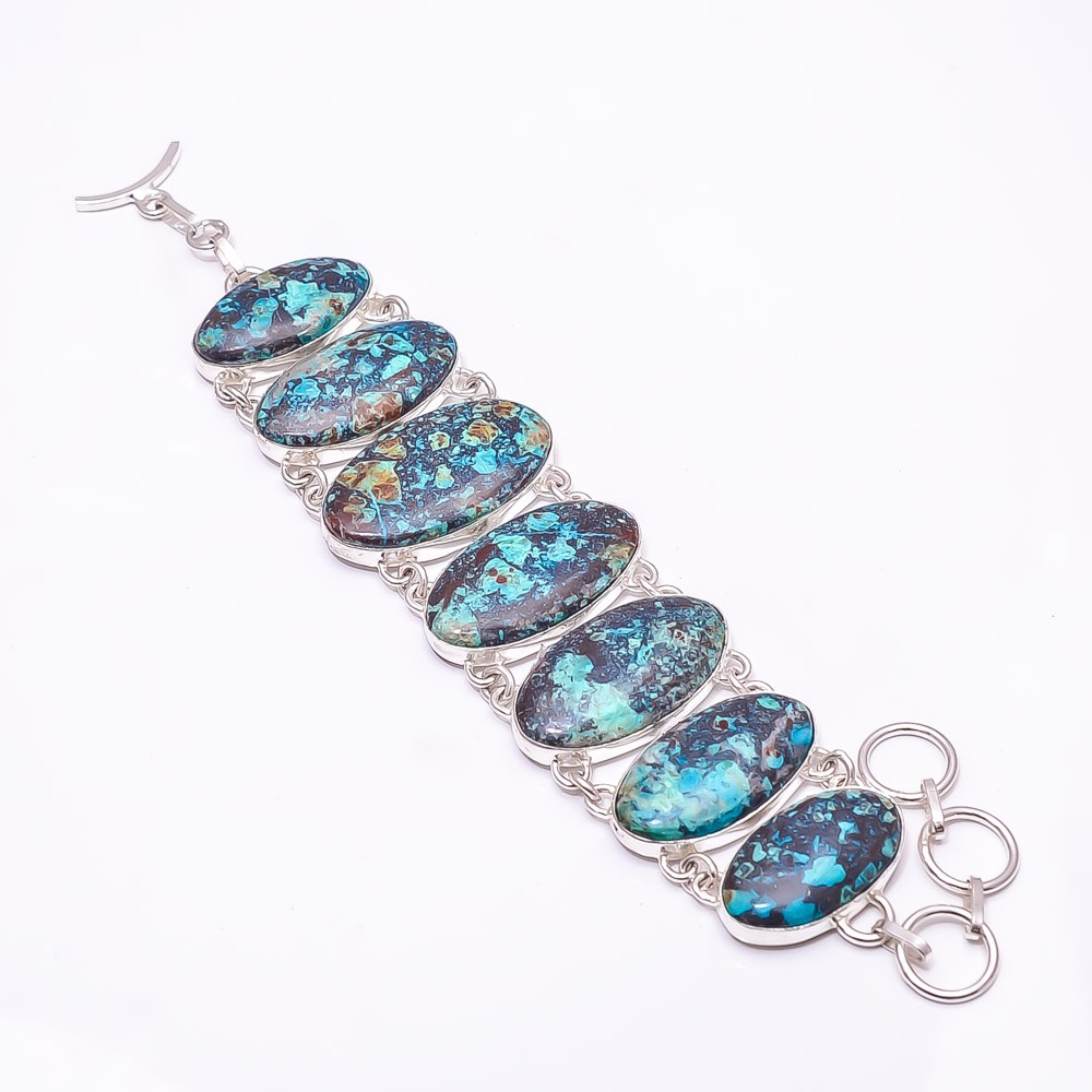 Natural Chrysocolla -Madagascar Gemstone 925 Sterling Silver Bracelet 7.99″ B1