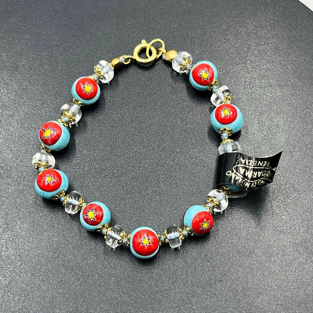 Darma Veiro Murano Venezia Italian Blue Red Glass Yellow Star Bracelet New