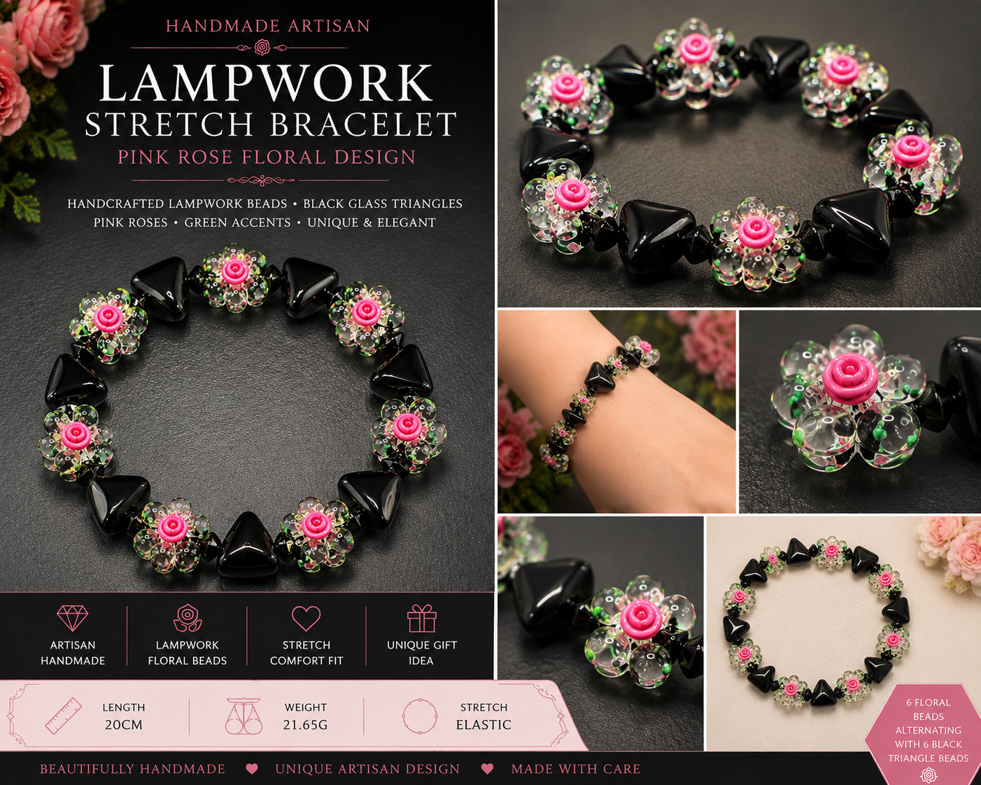 Handmade Artisan Lampwork Glass Stretch Bracelet Black Glass Pink Rose Floral 20