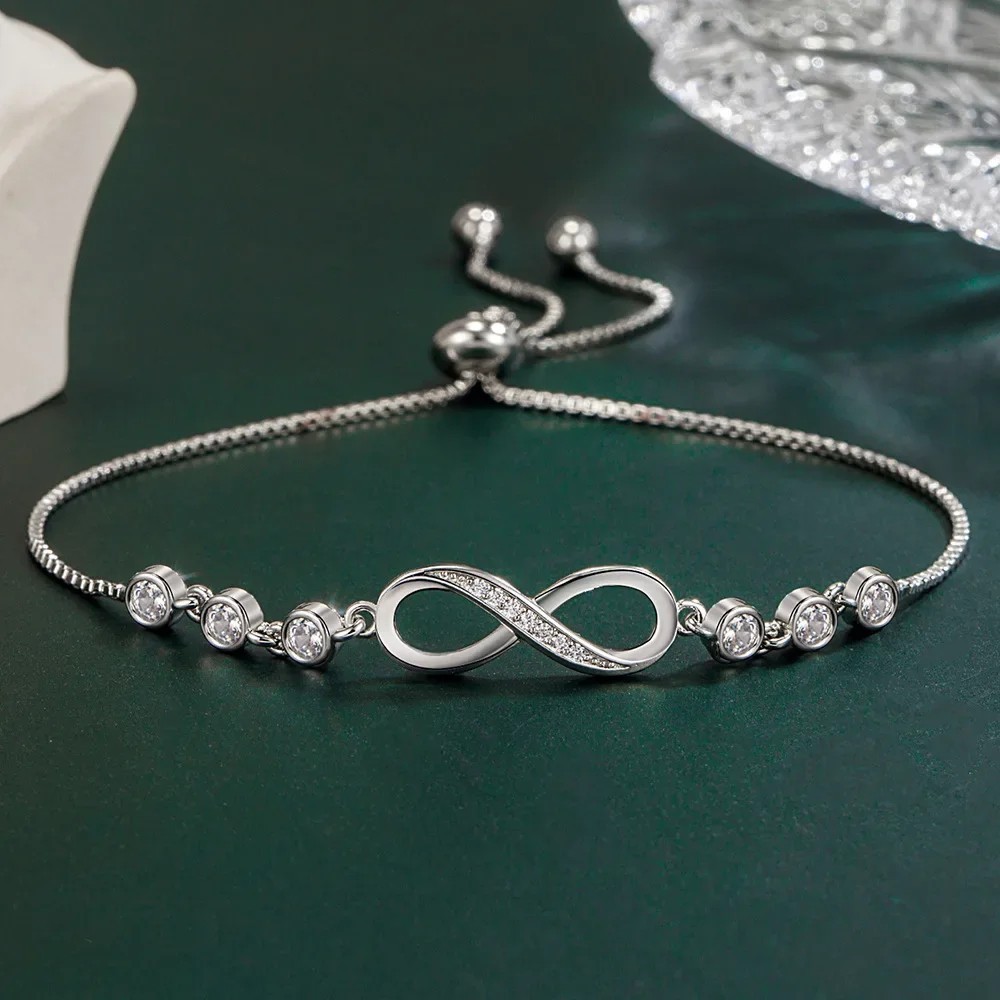 925 Sterling Silver Crystal Love Linked Charm Bracelet Women Jewellery Gift