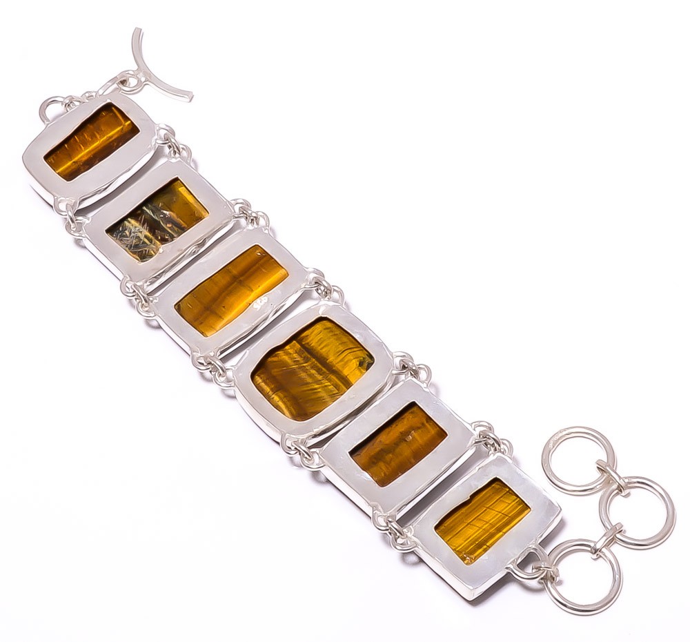 Natural Yellow Tiger Eye – South Africa 925 Sterling Silver Bracelet 7.99″ T92