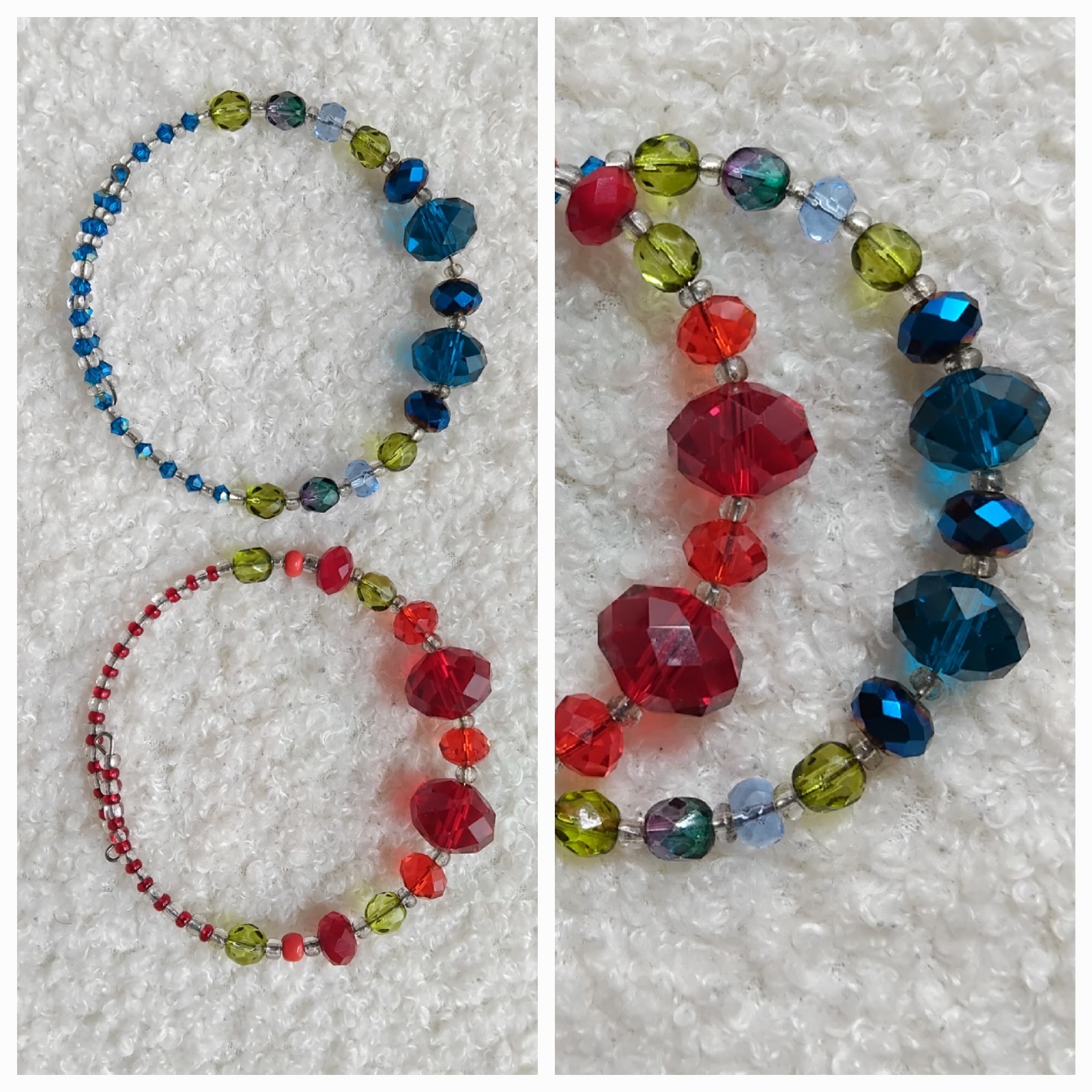 Teal, Red Facted Glass Crystal Beaded Wire Bracelet Bundle. Green Clear