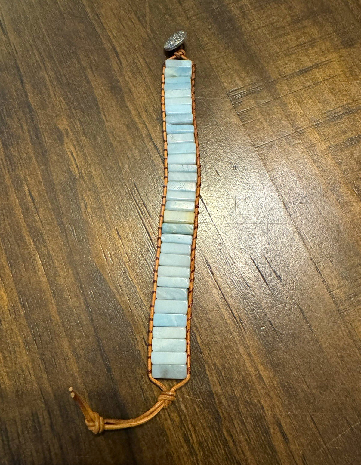 Light Blue Amazonite Stone Beaded Bracelet Leather Cord Adjustable Knot Charm
