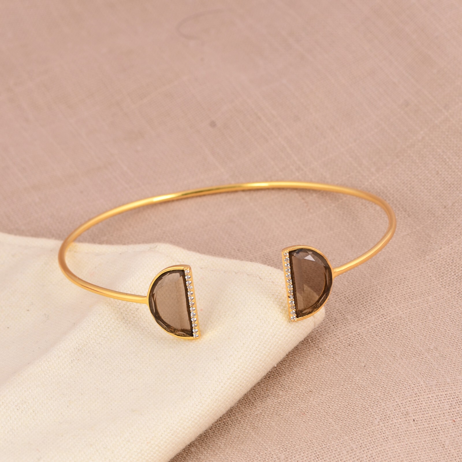 18ct Gold Plated Smokey Quartz Double Gemstone Cuff Bangle Bracelet For Wedding