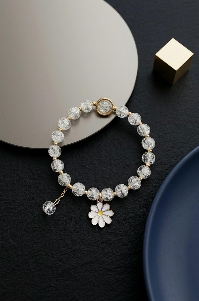 White Daisy Bracelet, Crystal Bead Bracelet, Flower Charm Bracelet, Cute Bracele