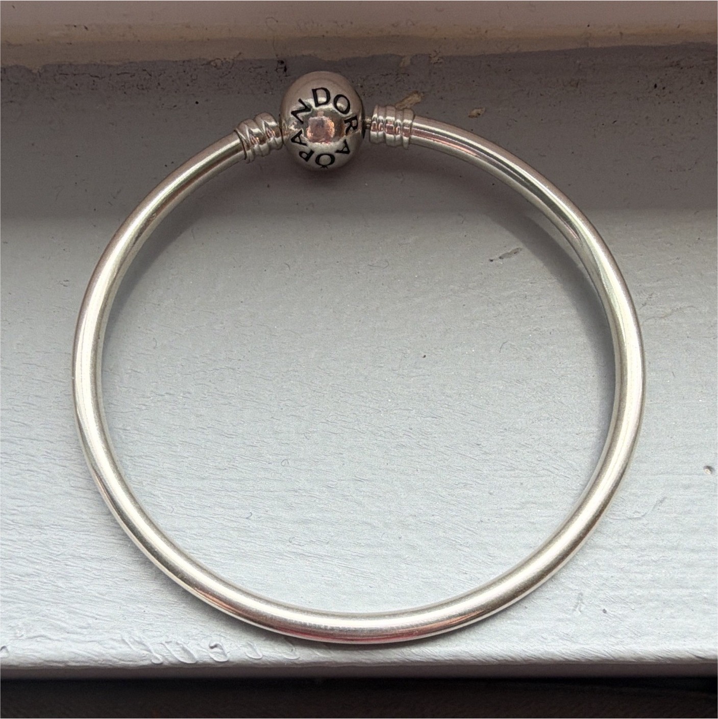 PANDORA Silver Metal Bangle Bracelet, Ball Closure, Signed, No Stone, Size 17 cm