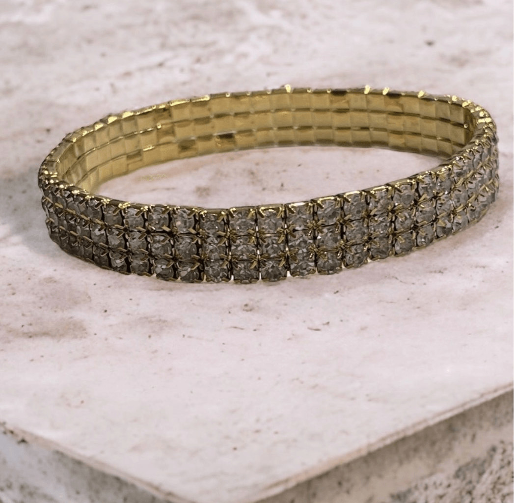 Diamond Gold Tone Bling Stretch Fashion Bracelet Glam Formal Black Tie Prom NEW