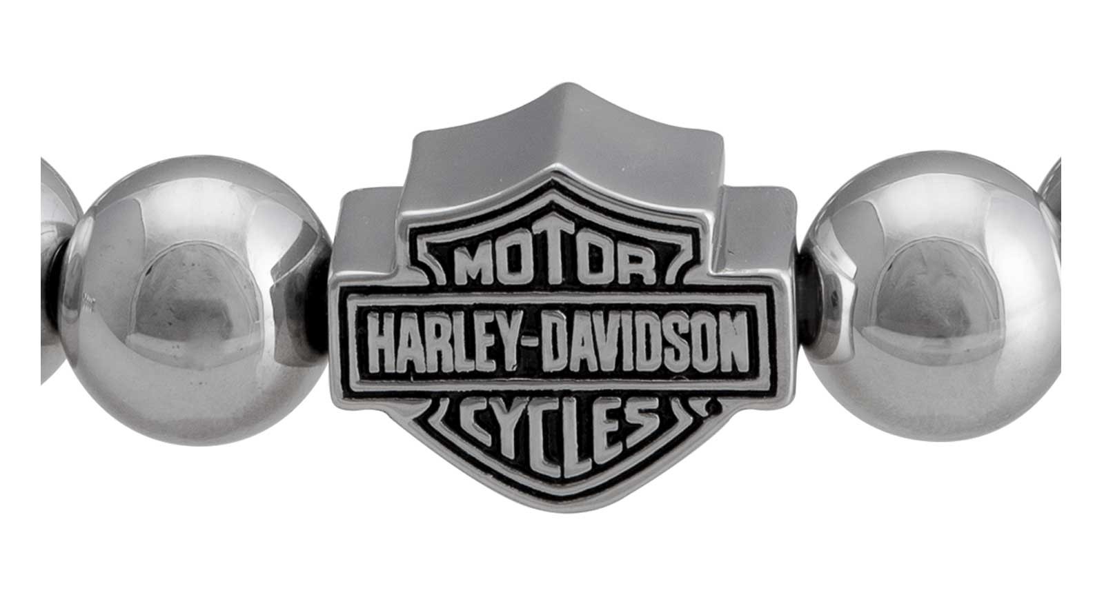 Harley-Davidson Women’s Large Beaded Bar & Shield Stretch Bracelet – Silver