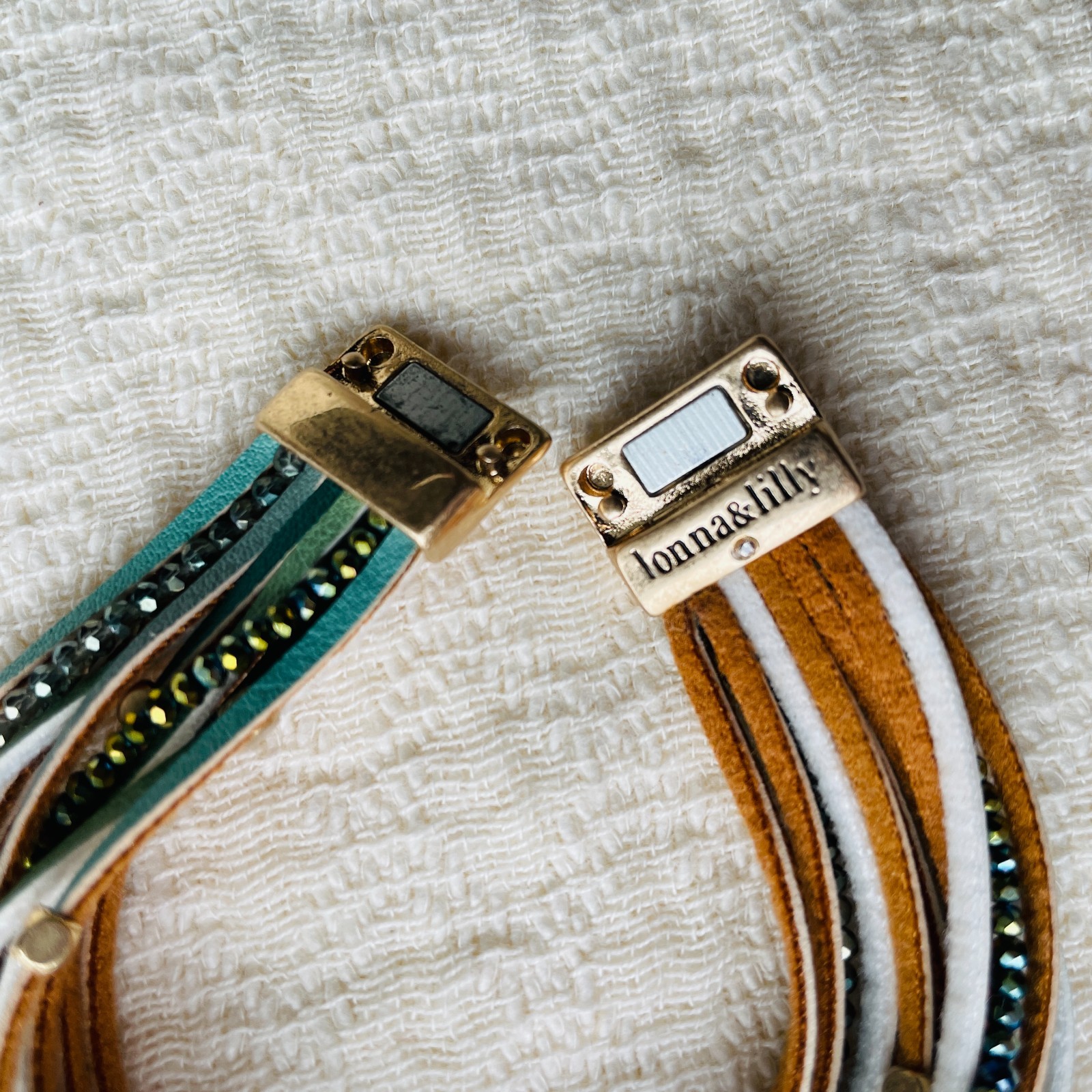 Lonna & Lilly Gold-Tone Beaded & Faux-Leather Multi-Row Magnetic Bracelet, 7.25″