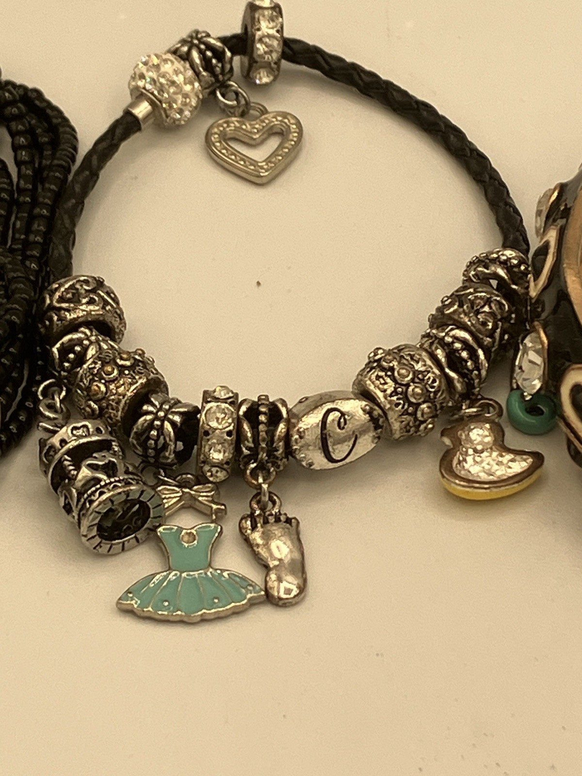 Layered Bracelet Stack Set Black Beaded Abalone Charm Bangle Mixed Style