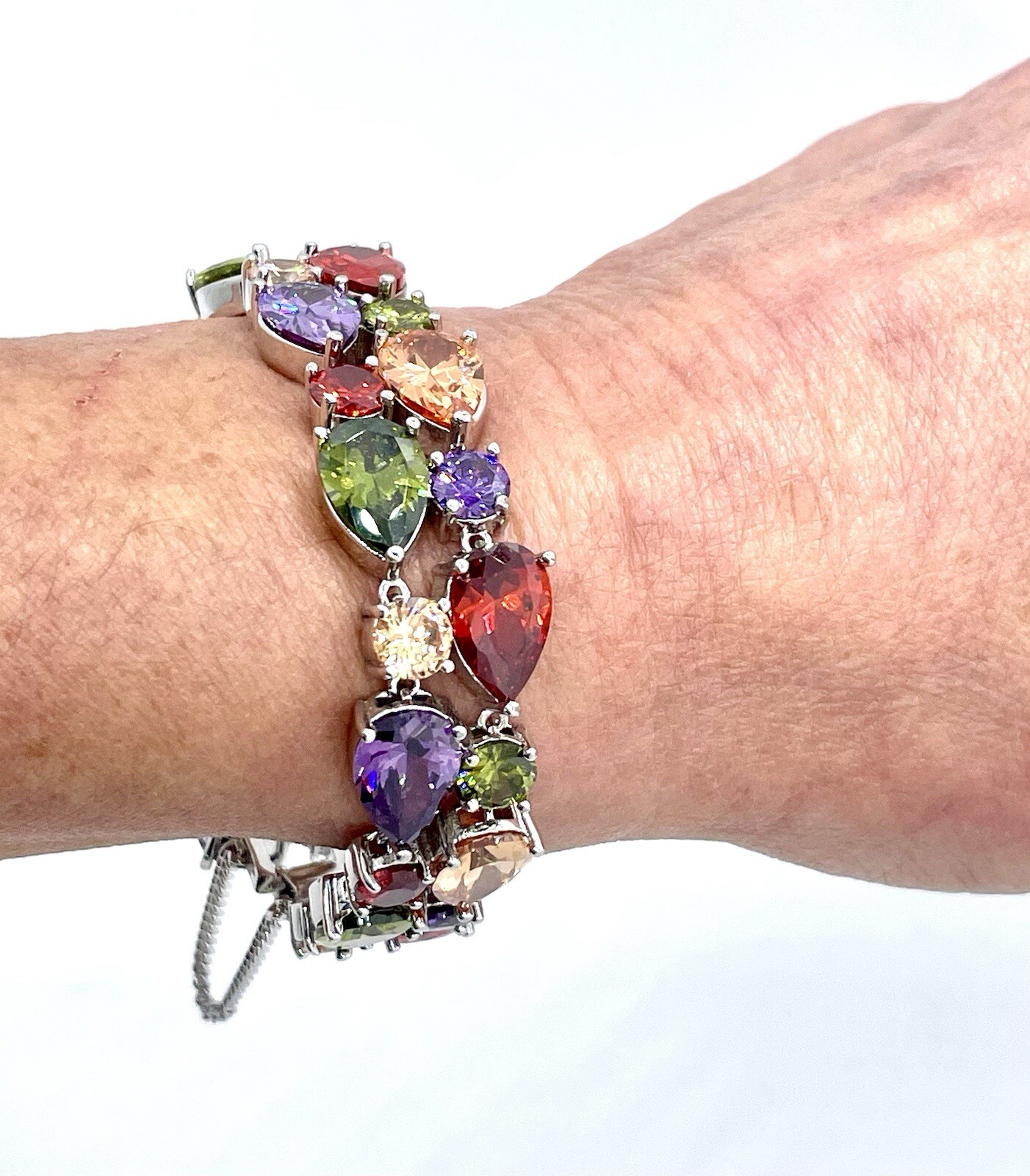 2 Layer Multi Color Sparkling Gemstone Bracelet 925 Bracelet w/Safety Chain