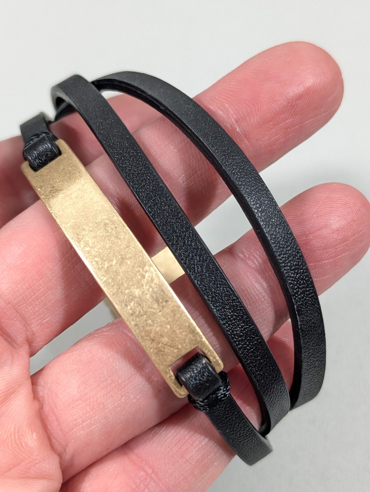 Gold Tone Matte Three Row Faux Black Leather Magnetic Bracelet 7 in Boho Western