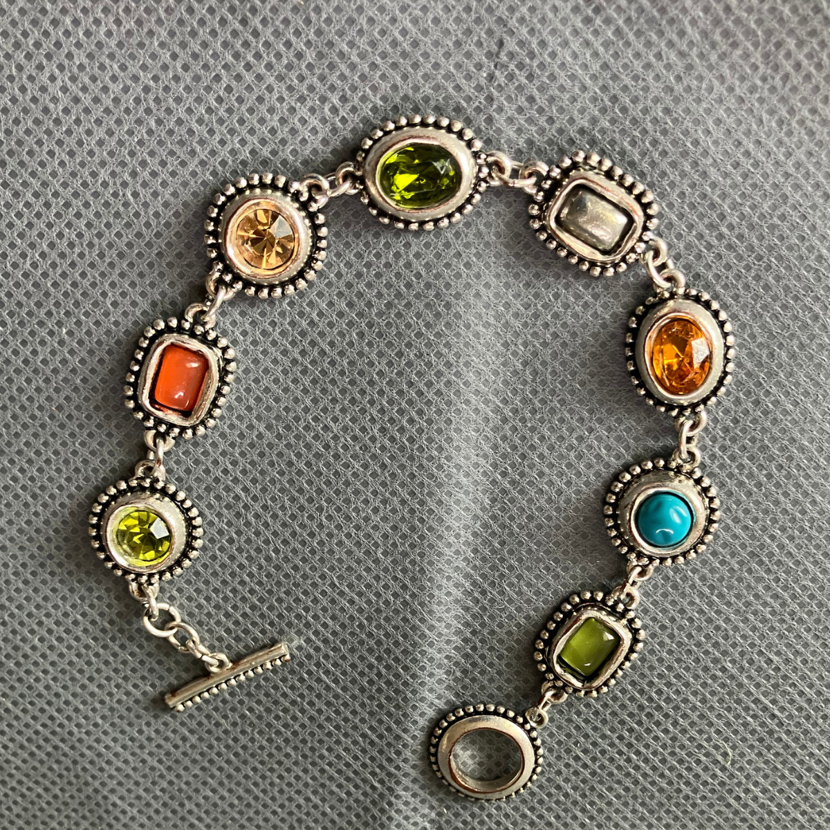 Vintage Silver Plated Glass Gem Bracelet Colorful Statement Jewelry Retro Fun