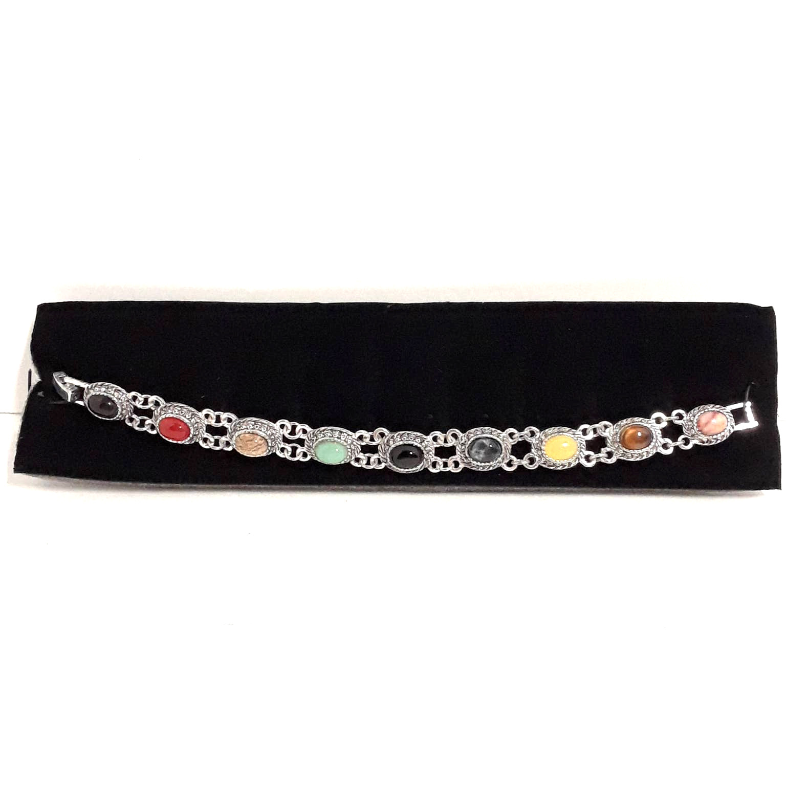 Silver Tone Bracelet, NEW Chain Colorful Glass Gemstone? Thailand Pink Red 7″