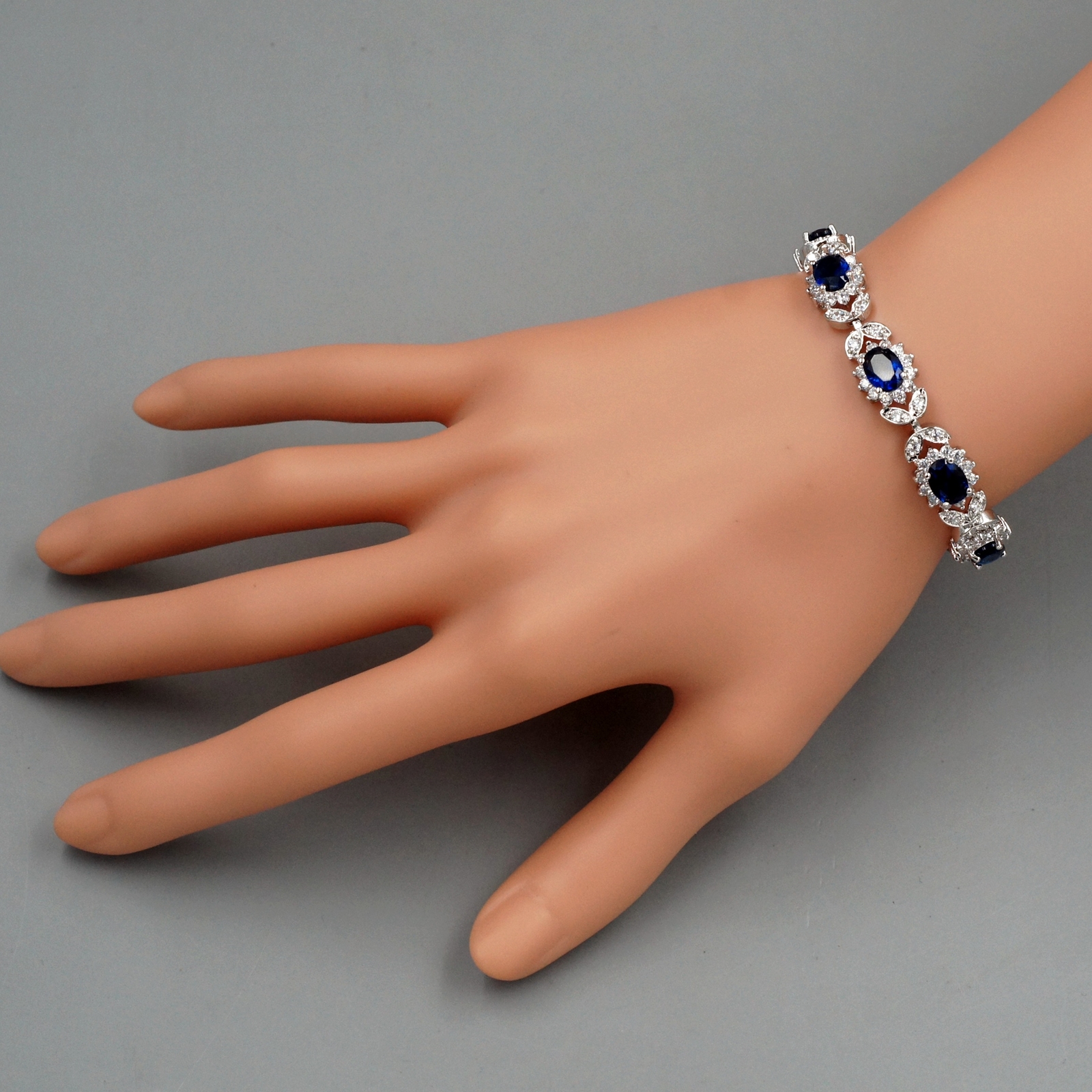 Women Blue Cubic Zirconia Tennis Bracelet White Gold Plated Elegant Jewelry 6336