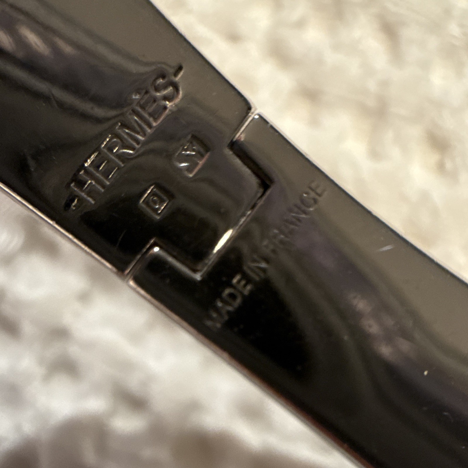 Hermès Signed Hinged Bangle Bracelet Silver Tone w/ Black Enamel Inlay France