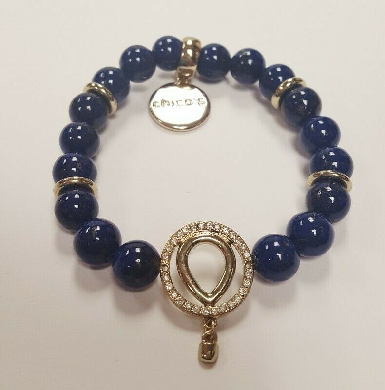 CHICO’S GOLD RHINESTONE ACCENT CIRCLE DESIGN NAVY BEADED STRETCH BRACELET V222
