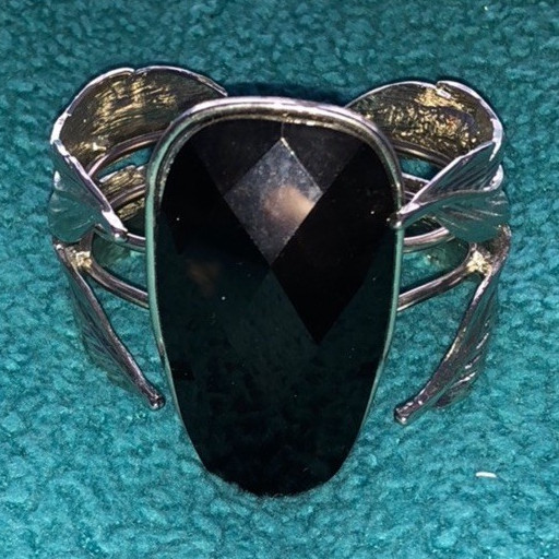 Silver Tone Metal Cuff Bracelet with Black Oval Cabochon Center Stone