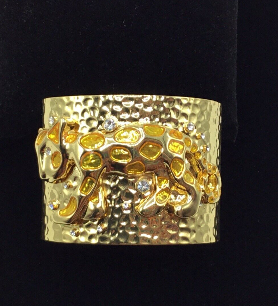 Lilly Pulitzer Gold Tone & Enamel Leopard Wide Cuff Bracelet NWOT GORGEOUS